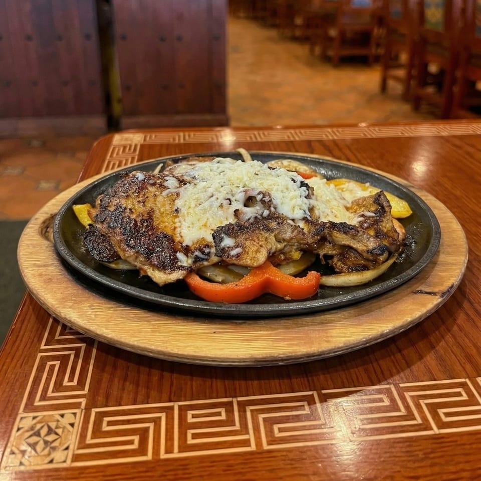 Sizzling fajitas with grilled chicken, melted cheese, and colorful peppers on a wooden table.